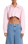 Dream Baby Crop Button-up Denim Shirt In Light Pink