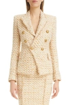 Balmain Beige Double-breasted Jacket With Gold-colored Branded Buttons In Tweed Woman In Beige Multi
