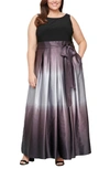 Sl Fashions Three-quarter Sleeve Jersey Bodice Ombré Satin A-line Gown In Black Silver