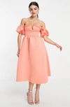 Asos Design Off The Shoulder Puff Sleeve Cocktail Dress In Coral Multi