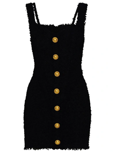 Balmain 7-button Strapped Tweed Mini Dress In Black