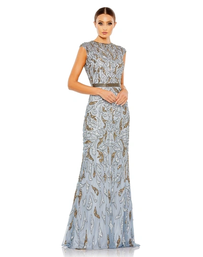 Mac Duggal Embellished Illusion Cap Sleeve Column Gown In Platinum Gold