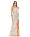 Mac Duggal Embellished Keyhole Halter Strap Draped Gown In Nude/silver