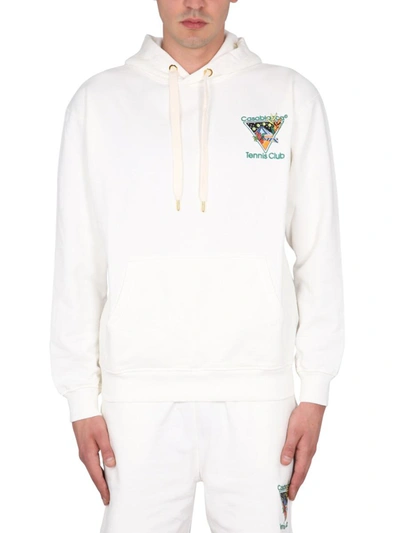 Casablanca Tennis Club Icon Hooded Cotton Sweatshirt In White