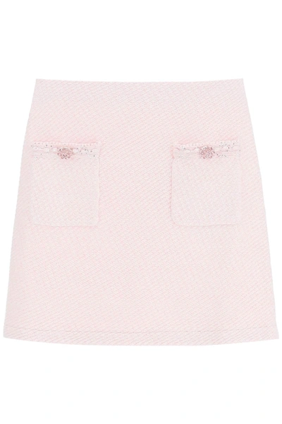 Self-portrait Sequin Crystal Embellished Short Sleeve Knit Mini Skirt In Pink