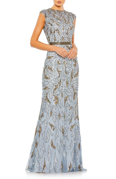 Mac Duggal Embellished Illusion Cap Sleeve Column Gown In Platinum Gold In Blue