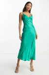 Asos Design High Apex Midi Slip Dress In Hammered Satin In Green In Medium Green