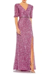 Mac Duggal Sequin Puff Sleeve Gown In Plum