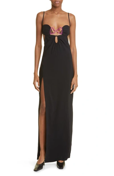 Nensi Dojaka Heart-padded Bra Maxi Slip Dress With Side Slit In Black