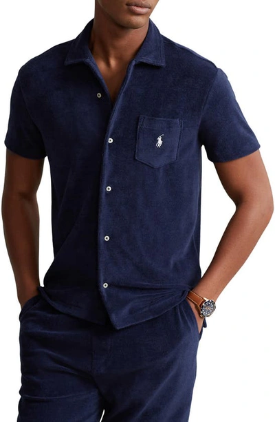 Polo Ralph Lauren Camp-collar Logo-embroidered Cotton-terry Shirt In Navy