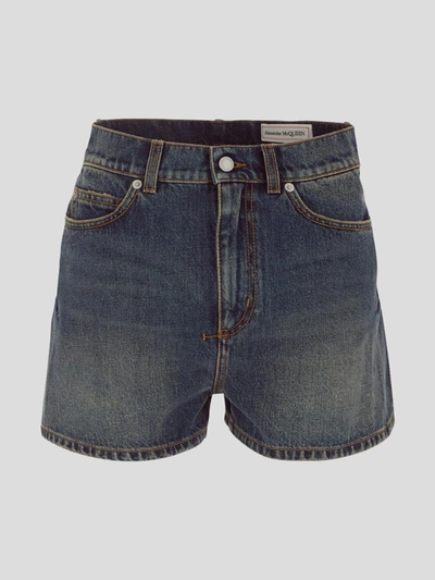 Alexander Mcqueen Flared Denim Shorts In Blue