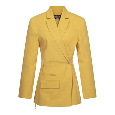 Jacquemus Tibau Linen Double-breasted Blazer In Yellow