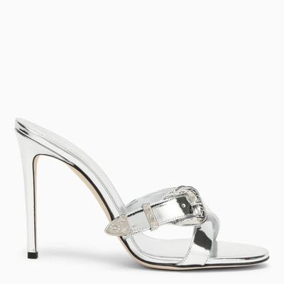 Paris Texas Laminated Leather Regina Mules With Maxi Buckle 10cm In Silver