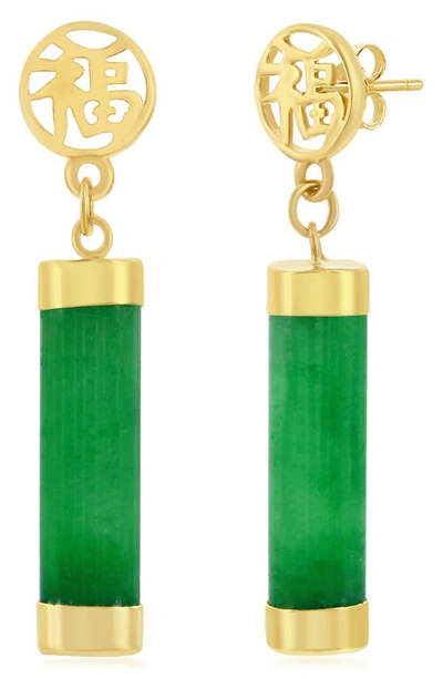Simona 14k Yellow Gold, 15mm Cylinder 'good Luck' Dangle Jade Earrings In Green