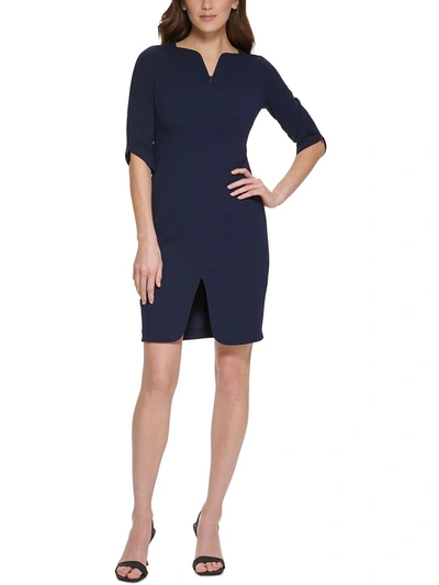 Calvin Klein Petites Womens Zippered Elbow Sleeves Sheath Dress In Blue