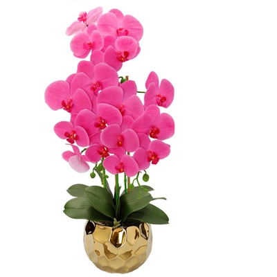 Vivience Pink Orchid Plant In Flat Round Gold Hammered Pot