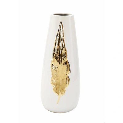 Vivience White Ceramic Tall Vase Gold Leaf Design - Large