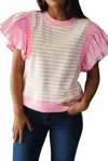 66disco Stripe Ruffled Short Sleeve Patchwork Blouse In Pink In Multi