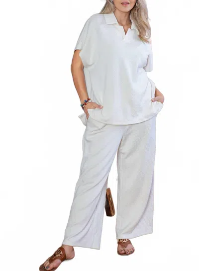 66disco Textured Collared Top And Pants Set For Women - Plus In Beige In White