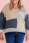 66disco Textured Colorblock Patchwork V-neck Top - Plus In Ashleigh Blue In Multi