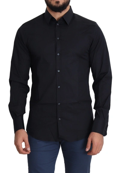 DOLCE & GABBANA DOLCE & GABBANA SLEEK BLACK SLIM FIT COTTON STRETCH DRESS MEN'S SHIRT
