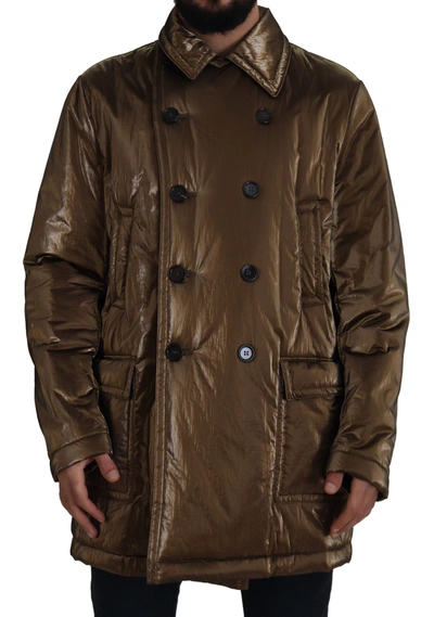 Dolce & Gabbana Bronze Nylon Collar Double Breasted Jacket In Gold