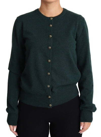 Dolce & Gabbana Dark Green Cashmere Crewneck Cardigan Sweater