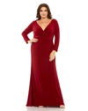 Mac Duggal Red Long Sleeve V-neck Faux Wrap Gown In Burgundy