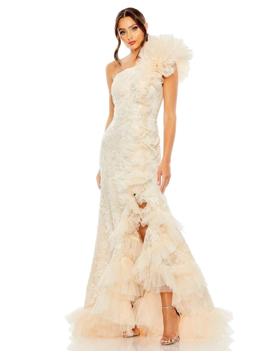 Mac Duggal One Shoulder Ruffle Tulle Gown In Ivory