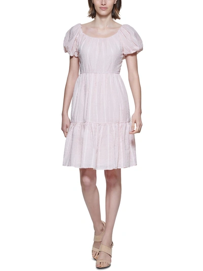 Calvin Klein Petites Womens Textured Above Knee Fit & Flare Dress In Pink