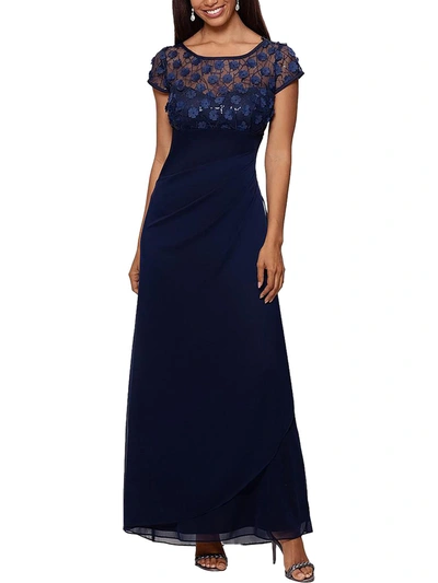 Xscape Plus Womens Floral Gathered Evening Dress In Blue