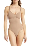 Skims Beige Seamless Sculpt Deep Plunge Thong Bodysuit In Sienna
