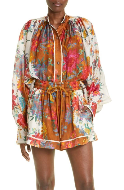 Zimmermann Ginger Relaxed Fit Buttoned Silk Blouse In Cream Brown Floral