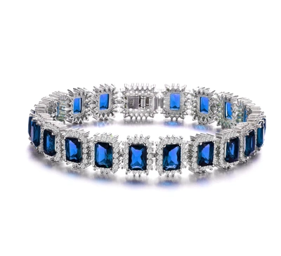 Genevive Sterling Silver With Blue Sapphire & Cubic Zirconia Rectangular Halo Cluster Link Vintage Tennis Bra In Multi