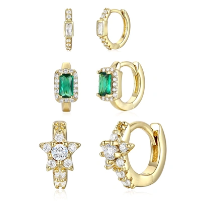 Rachel Glauber Rg 14k Gold Plated With Emerald & Diamond Cubic Zirconia Halo Star 3-piece Hoop Earrings Set In White