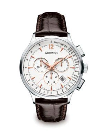 Movado 42mm Circa Chronograph Watch With Crocodile Strap, White/brown In Ivory/brown