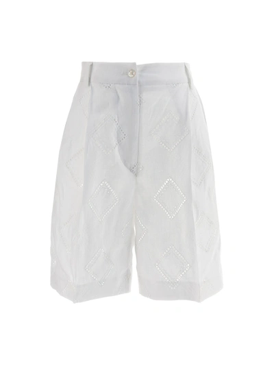 Kiton Diamond Eyelet Embroidered Linen Shorts In White