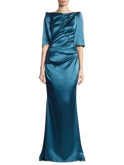 Talbot Runhof Lobata Draped-sleeve Ruched Gown, Blue In Teal