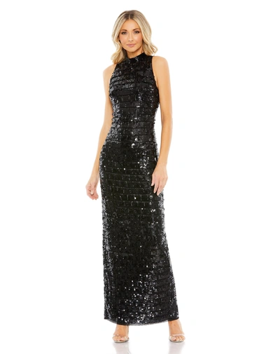 Mac Duggal Sequined High Neck Sleeveless Column Gown In Black