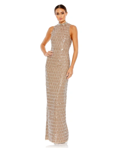 Mac Duggal Sequined High Neck Sleeveless Column Gown In Taupe