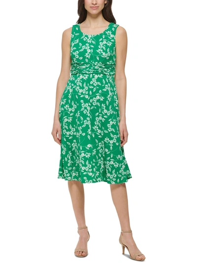 Jessica Howard Petites Womens Floral Print Ruched Midi Dress In Green