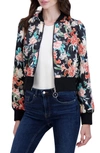 Ookie & Lala Women's Floral Satin Bomber Jacket In Black Multi