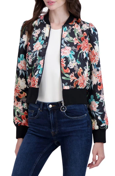 Ookie & Lala Women's Floral Satin Bomber Jacket In Black Multi