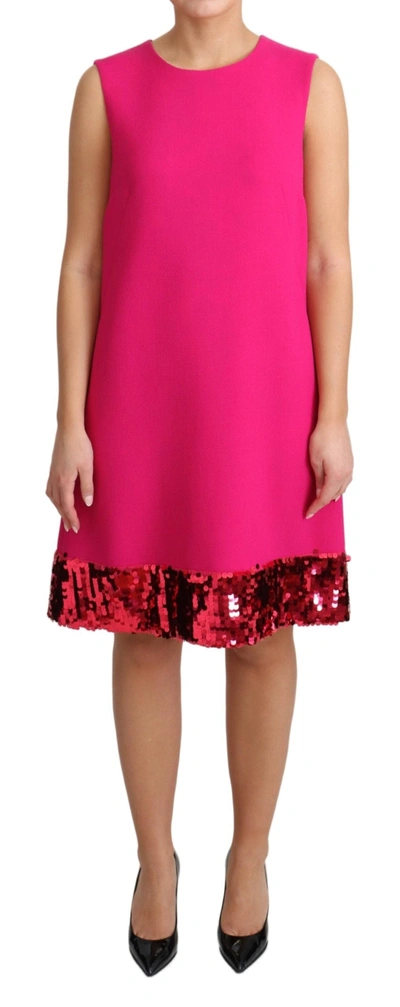 Dolce & Gabbana Fuchsia Wool Sequin Shift Sleeveless Dress In Pink