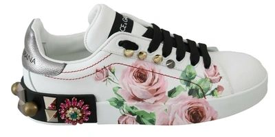 Dolce & Gabbana White Leather Crystal Roses Floral Trainers