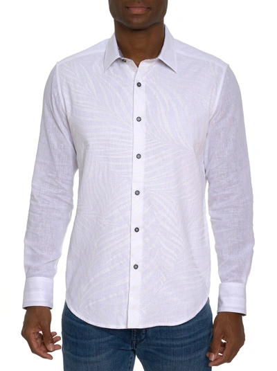 Robert Graham Grand Palms Linen & Cotton Embroidered Palm Print Classic Fit Button Down Shirt In White