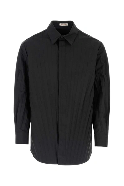 Valentino Textured Pleated Long-sleeved Shirt In Black