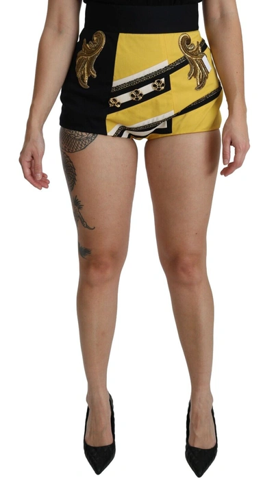 Dolce & Gabbana Yellow Black Cotton Jewelled Hot Pants Shorts