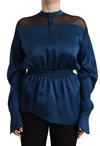 MASHA MA MASHA MA BLUE SILK LONG SLEEVES ELASTIC WAIST TOP WOMEN'S BLOUSE