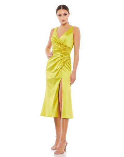 Ieena For Mac Duggal Satin Ruched V Neck Faux Wrap Midi Dress In Chartreuse